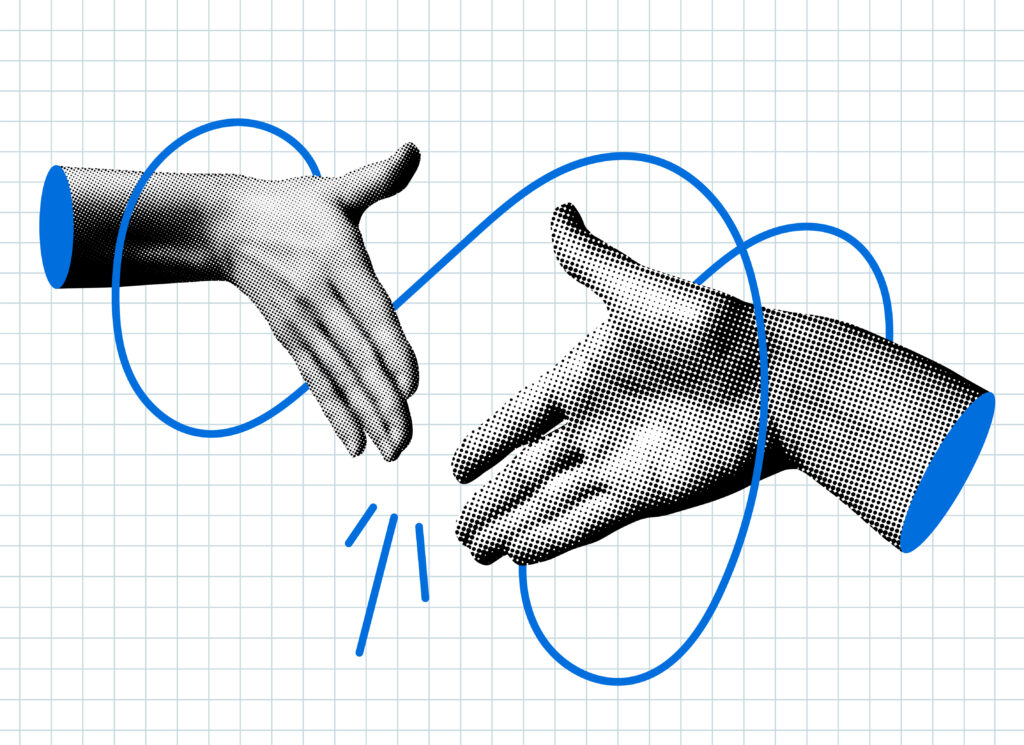 Hands reach out to each other. Handshake. Halftone retro hands. Body parts cut out of newspaper. Hands tied with thread. Shaking hands. Make a deal. Successful agreement. Modern collage